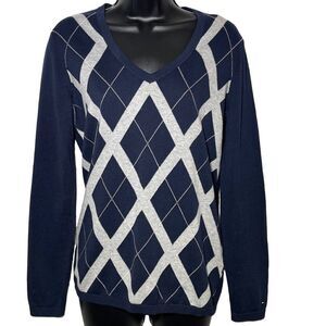 TOMMY HILFIGER 100% Cotton Argyle V-Neck Sweater